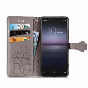 For  Sony Xperia 1 II Cute Cat and Dog Embossed Horizontal Flip Leather Case with Bracket / Card Slot / Wallet / Lanyard(Gray)