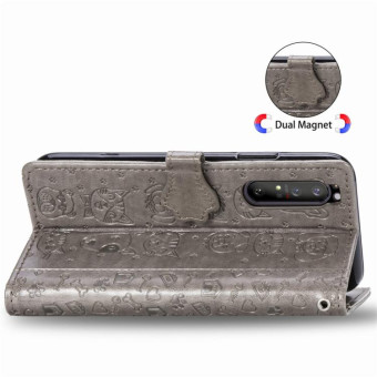 For  Sony Xperia 1 II Cute Cat and Dog Embossed Horizontal Flip Leather Case with Bracket / Card Slot / Wallet / Lanyard(Gray)