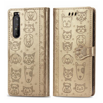 For  Sony Xperia 1 II Cute Cat and Dog Embossed Horizontal Flip Leather Case with Bracket / Card Slot / Wallet / Lanyard(Gold)