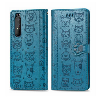 For  Sony Xperia 1 II Cute Cat and Dog Embossed Horizontal Flip Leather Case with Bracket / Card Slot / Wallet / Lanyard(Blue)