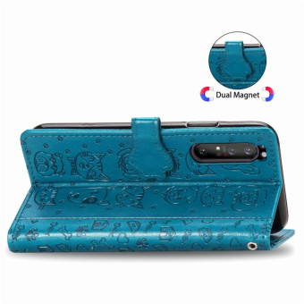 For  Sony Xperia 1 II Cute Cat and Dog Embossed Horizontal Flip Leather Case with Bracket / Card Slot / Wallet / Lanyard(Blue)
