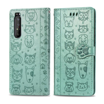 For  Sony Xperia 1 II Cute Cat and Dog Embossed Horizontal Flip Leather Case with Bracket / Card Slot / Wallet / Lanyard(Green)