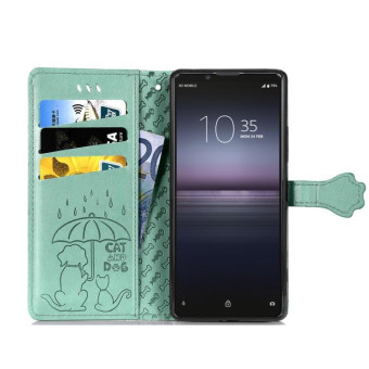 For  Sony Xperia 1 II Cute Cat and Dog Embossed Horizontal Flip Leather Case with Bracket / Card Slot / Wallet / Lanyard(Green)