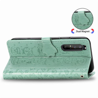 For  Sony Xperia 1 II Cute Cat and Dog Embossed Horizontal Flip Leather Case with Bracket / Card Slot / Wallet / Lanyard(Green)