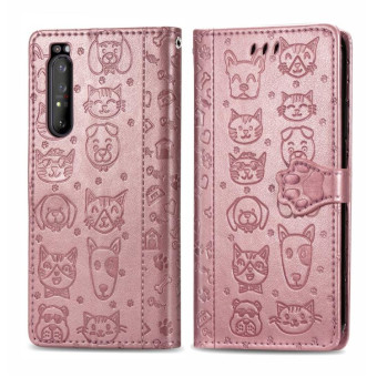 For  Sony Xperia 1 II Cute Cat and Dog Embossed Horizontal Flip Leather Case with Bracket / Card Slot / Wallet / Lanyard(Rose Gold)