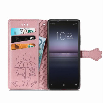 For  Sony Xperia 1 II Cute Cat and Dog Embossed Horizontal Flip Leather Case with Bracket / Card Slot / Wallet / Lanyard(Rose Gold)