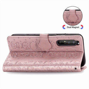 For  Sony Xperia 1 II Cute Cat and Dog Embossed Horizontal Flip Leather Case with Bracket / Card Slot / Wallet / Lanyard(Rose Gold)