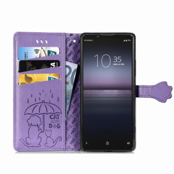 For  Sony Xperia 1 II Cute Cat and Dog Embossed Horizontal Flip Leather Case with Bracket / Card Slot / Wallet / Lanyard(Purple)