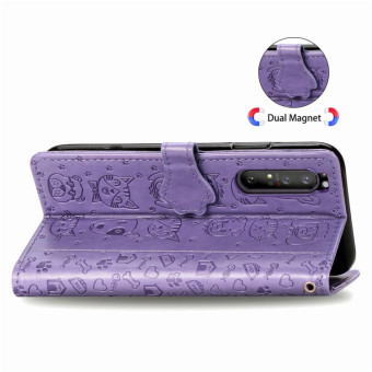 For  Sony Xperia 1 II Cute Cat and Dog Embossed Horizontal Flip Leather Case with Bracket / Card Slot / Wallet / Lanyard(Purple)
