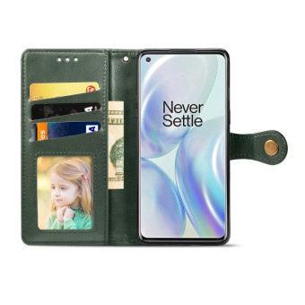 For OnePlus 8 Retro Solid Color Leather Buckle Phone Case with Lanyard & Photo Frame & Card Slot & Wallet & Stand Function(Green)