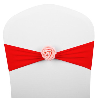 Chair Sashes Bows Decor Elastic Spandex Chair Sash with Pink Flower Stretch Chair Band Wedding Decoration(Red)