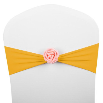 Chair Sashes Bows Decor Elastic Spandex Chair Sash with Pink Flower Stretch Chair Band Wedding Decoration(Golden)