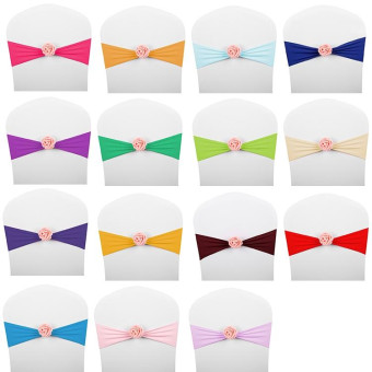 Chair Sashes Bows Decor Elastic Spandex Chair Sash with Pink Flower Stretch Chair Band Wedding Decoration(Champagne)