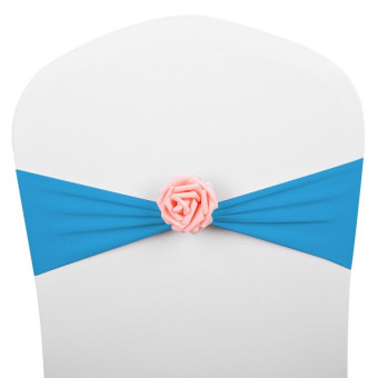 Chair Sashes Bows Decor Elastic Spandex Chair Sash with Pink Flower Stretch Chair Band Wedding Decoration(Sky Blue)