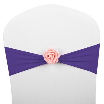 Chair Sashes Bows Decor Elastic Spandex Chair Sash with Pink Flower Stretch Chair Band Wedding Decoration(Dark Purple)