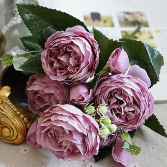 5 PCS Artificial Rose Flowers Small Bouquet Flores Home Party Wedding Fake Flower Decoration(Purple)
