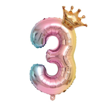 32-Inch Gradient Color Crown Digital Balloon Children Birthday Decoration Film Balloon(Number 3)