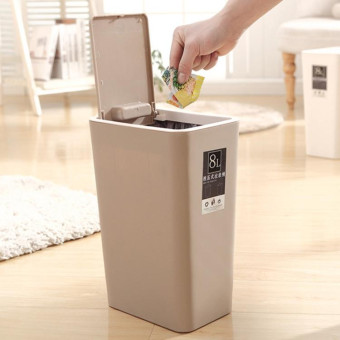 Household Rectangular Press Type 12 Liter Living Room Covered Sorting Plastic Trash Can with Cover Lip(Brown)