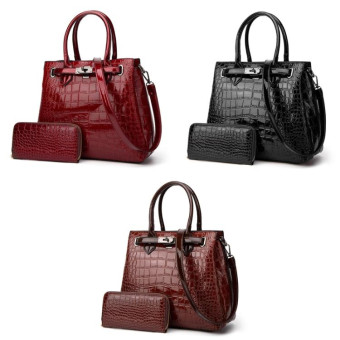 T5056 2 in 1 Crocodile Pattern Patent Leather Diagonal Handbags Large-Capacity Single-Shoulder Bag(Black)