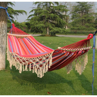 200x150cm Double Outdoor Camping Tassel Canvas Hammock with Stick(Pink Stripes)