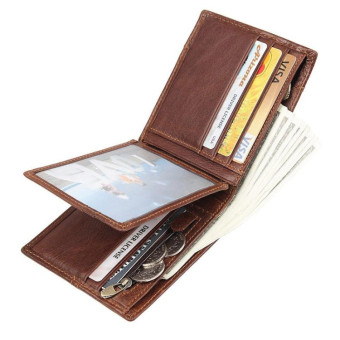 Men Retro Portable Wallet Short Cowhide Leather Wallet(Brown)