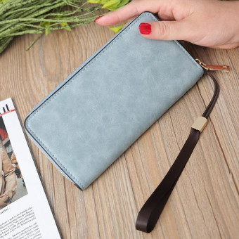 Scrub Long Wallet Lady Wallet Handbag Zipper Purse(Light Blue)