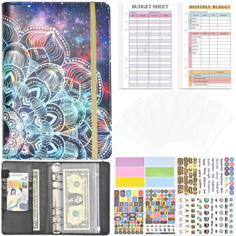 A6 Mandala Binder Financial Plan Notebook PU Leather Cash Budget Book(Star Black)