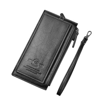 DEABOLAR Men Long Wallet Retro PU Soft Leather Hand Strap Clutch Mobile Phone Bag(Black)