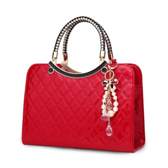 Large capacity PU Leather Diamond Pattern Ladies Handbag with Hanging Ornaments(Red)