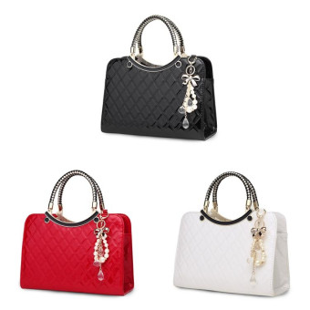 Large capacity PU Leather Diamond Pattern Ladies Handbag with Hanging Ornaments(White)