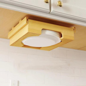 9-inch Paper Plate Dispenser Under Cabinet Bamboo Plates Holder Kitchen Storage Rack 24 x 26.5 x 6.5(White)