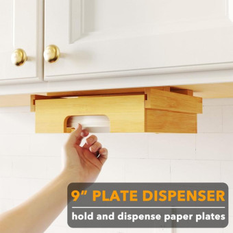 9-inch Paper Plate Dispenser Under Cabinet Bamboo Plates Holder Kitchen Storage Rack 24 x 26.5 x 6.5(White)
