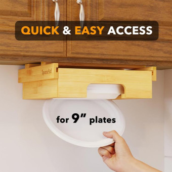 9-inch Paper Plate Dispenser Under Cabinet Bamboo Plates Holder Kitchen Storage Rack 24 x 26.5 x 6.5(White)