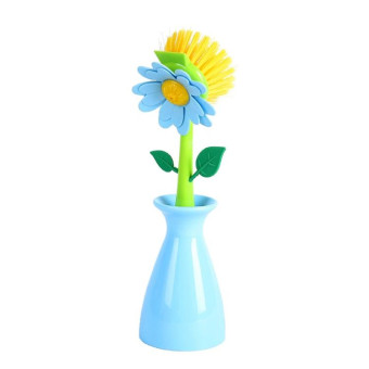 Flower Shaped Long Handle Pot Brush Kitchen Dishes Brush Sink Stove Cleaning Tool(Blue)