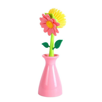 Flower Shaped Long Handle Pot Brush Kitchen Dishes Brush Sink Stove Cleaning Tool(Pink)