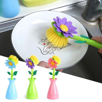 Flower Shaped Long Handle Pot Brush Kitchen Dishes Brush Sink Stove Cleaning Tool(Green)