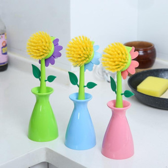 Flower Shaped Long Handle Pot Brush Kitchen Dishes Brush Sink Stove Cleaning Tool(Blue)