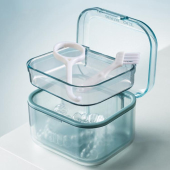 3-layer Denture Case Invisible Orthodontic Retainer Storage Box Drainage Layered Braces Cleaning Box(Apricot)