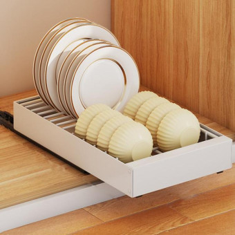 Pull-out Drainable Bowl Dish Storage Rack Cabinet Organizer Slide-out Drawer(White)