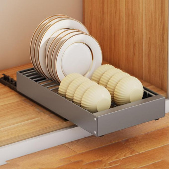 Pull-out Drainable Bowl Dish Storage Rack Cabinet Organizer Slide-out Drawer(Gray)