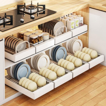 Pull-out Drainable Bowl Dish Storage Rack Cabinet Organizer Slide-out Drawer(White)