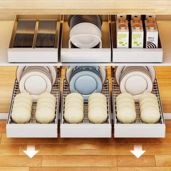 Pull-out Drainable Bowl Dish Storage Rack Cabinet Organizer Slide-out Drawer(White)