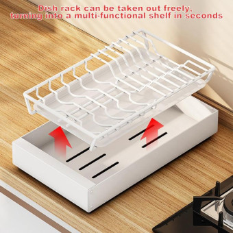 Pull-out Drainable Bowl Dish Storage Rack Cabinet Organizer Slide-out Drawer(Gray)