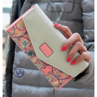Long Leather Floral Pattern Wallets Coin Purses Money Bag for Women(Pink)