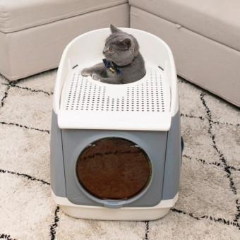Plastic Flip Cover Fully Enclosed Deodorant Litter Box Pet Potty(Gray)
