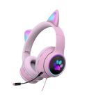 AKZ-022 USB + 3.5mm Port Cat Ear Design Foldable LED Headset with Mic(Pink)