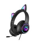 AKZ-022 USB + 3.5mm Port Cat Ear Design Foldable LED Headset with Mic(Black)