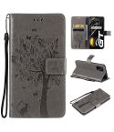 Tree & Cat Pattern Pressed Printing Horizontal Flip PU Leather Case with Holder & Card Slots & Wallet & Lanyard For OPPO Realme GT 5G(Grey)