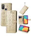 For Alcatel 1S 2021 Lovely Cat and Dog Embossing Pattern Horizontal Flip Leather Case , with Holder & Card Slots & Wallet & Cartoon Clasp & Lanyard(Gold)