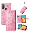 For Alcatel 1S 2021 Lovely Cat and Dog Embossing Pattern Horizontal Flip Leather Case , with Holder & Card Slots & Wallet & Cartoon Clasp & Lanyard(Pink)